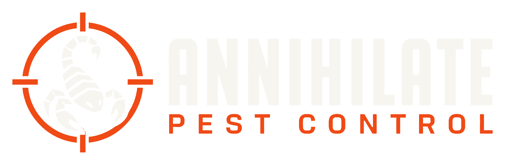 Annihilate Pest Control white and orange scorpion target logo