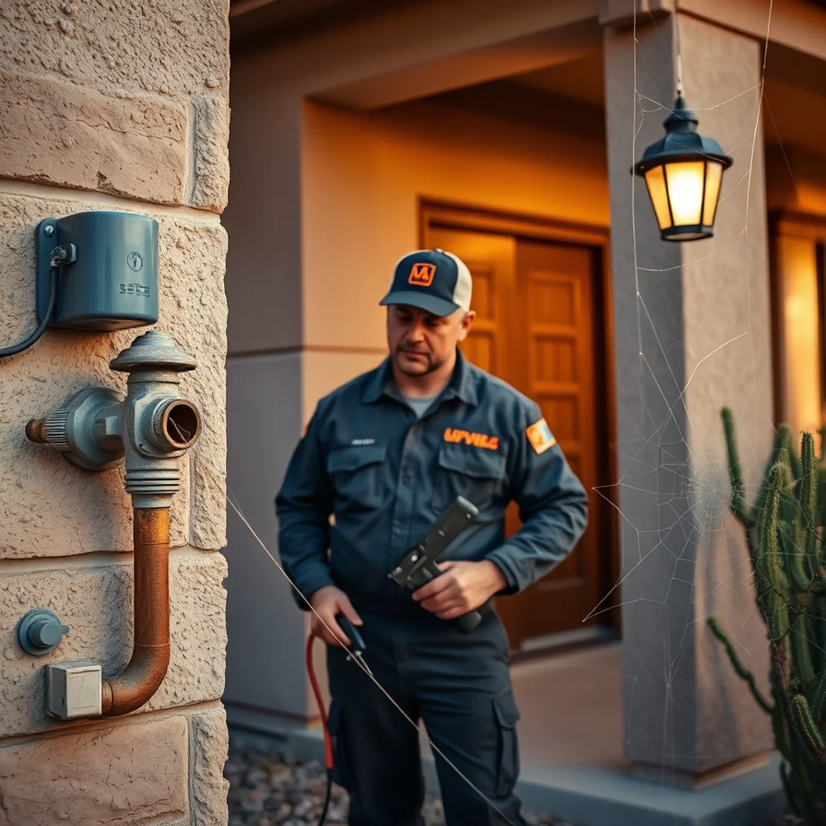 Technician inspecting for ants and spiders at a El Paso property