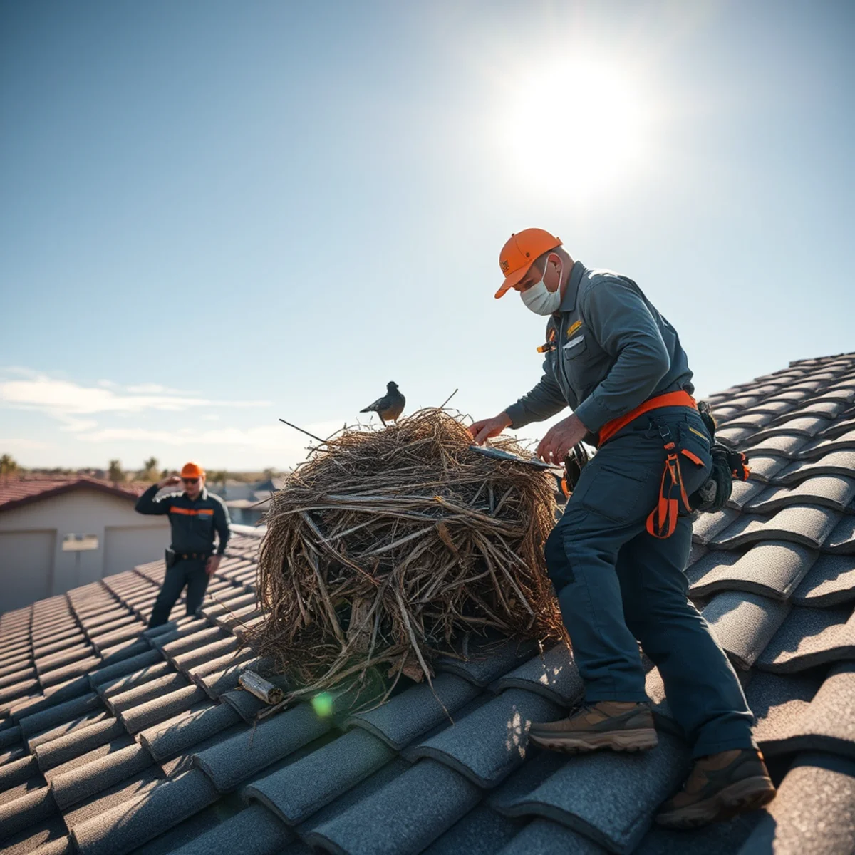 Pigeon droppings and nesting debris beneath roof equipment in El Paso