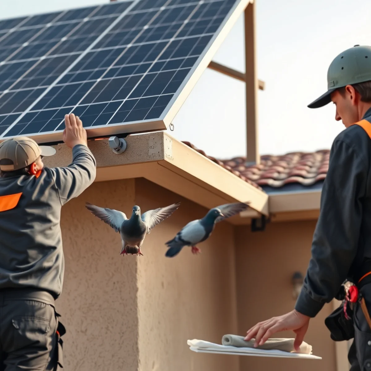Pigeons repeatedly landing at the same solar panel edge