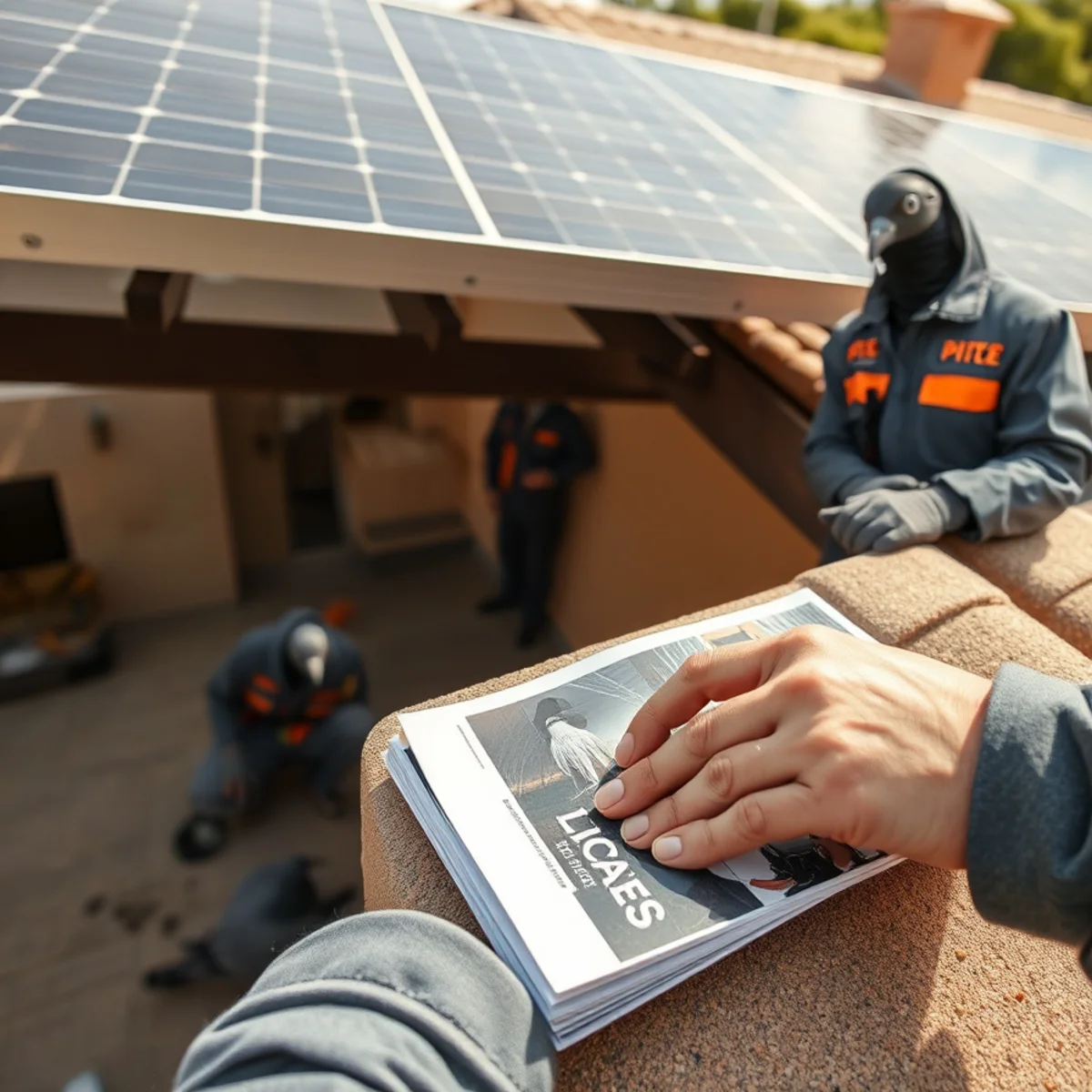 Concentrated pigeon droppings below a solar panel landing edge