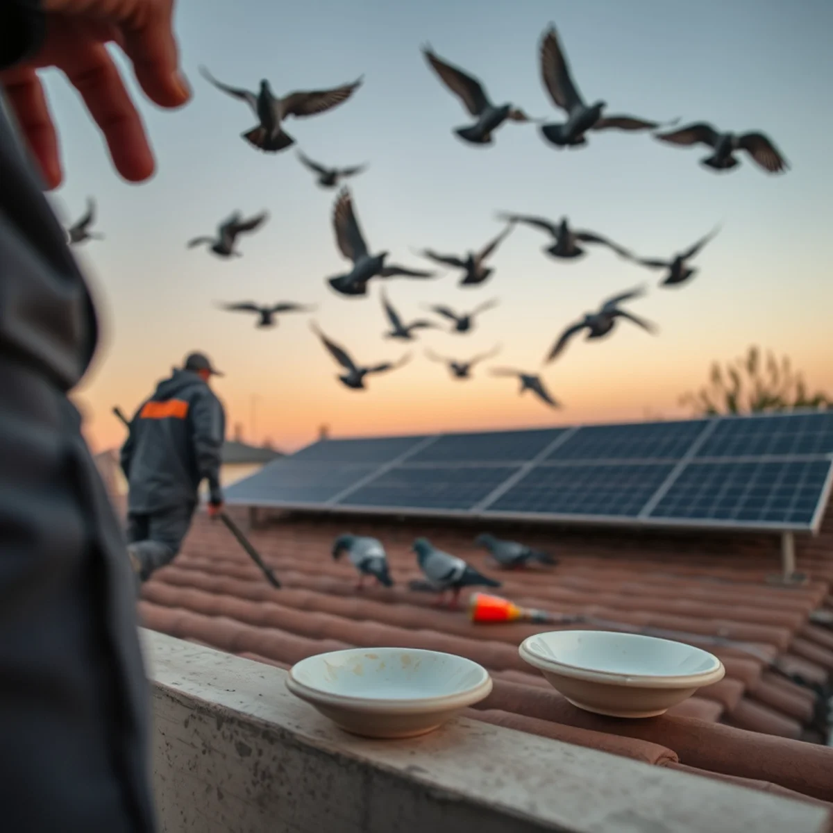 Pigeons returning to a protected residential solar array