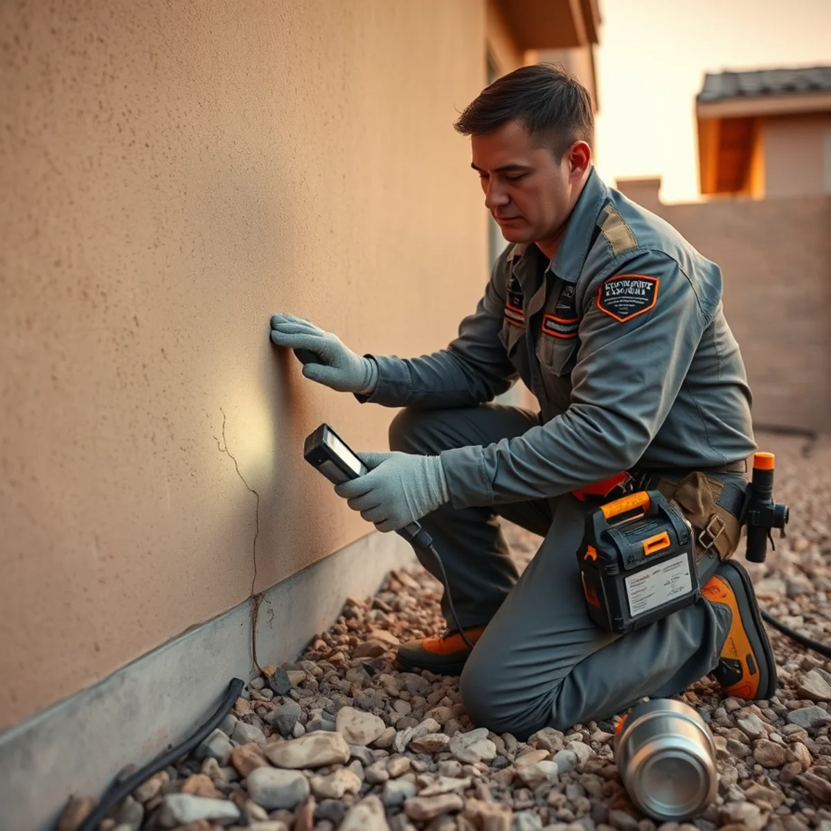 Pest control technician inspecting an El Paso home exterior