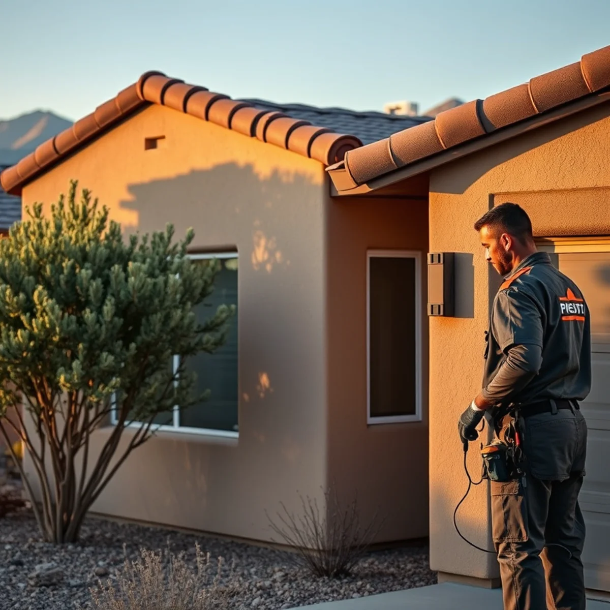 Pest control professional at an El Paso desert home
