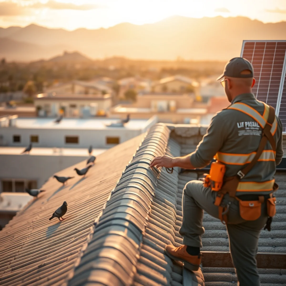 Professional pigeon control inspection on a El Paso roof