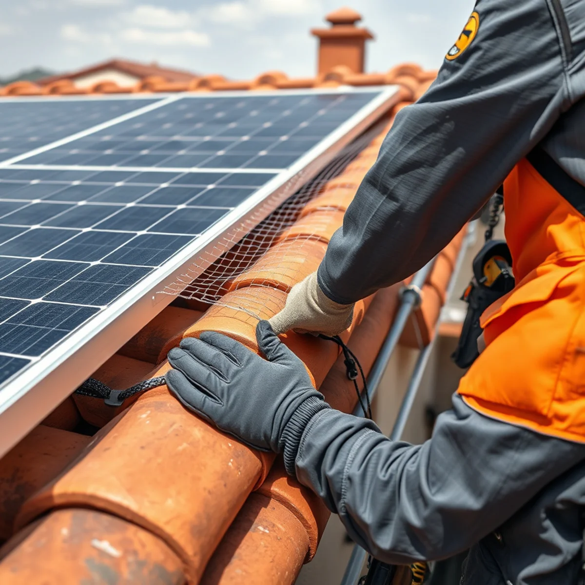 Pigeon proofing installed around solar panels on a El Paso roof